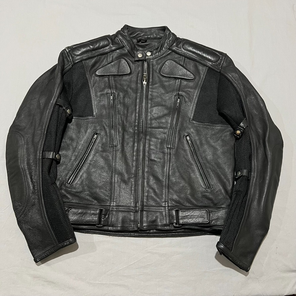 XElement Mens Black Leather Zip Lined Heavy Padded Motorcycle Jacket M Vented